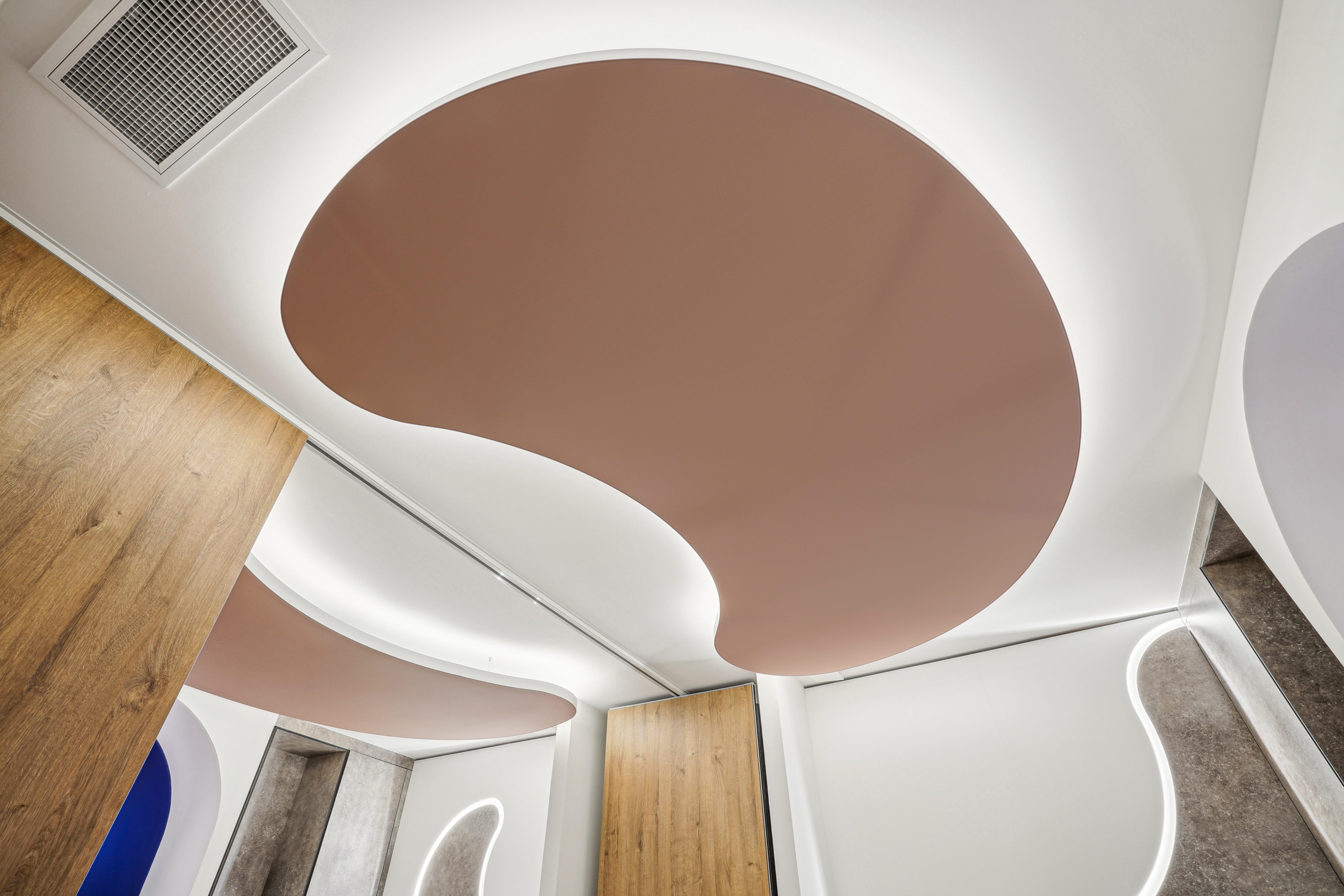 Vue rapprochée du plafond suspendu en forme de haricot, avec éclairage LED intégré et finitions bois et minérales dans la salle de soins du spa.