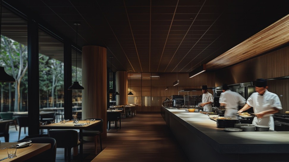 Cuisine ouverte dans un restaurant gastronomique, avec chefs en action dans un décor moderne en bois sombre et éclairage tamisé.