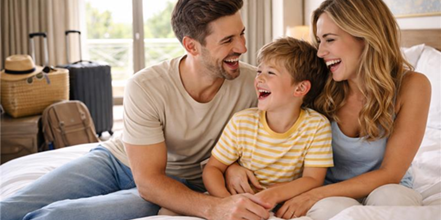 Une famille est assise ensemble sur un lit d’hôtel, dans une chambre lumineuse. Des valises ouvertes et fermées à l’arrière situent la scène dans un contexte d’arrivée ou de séjour.