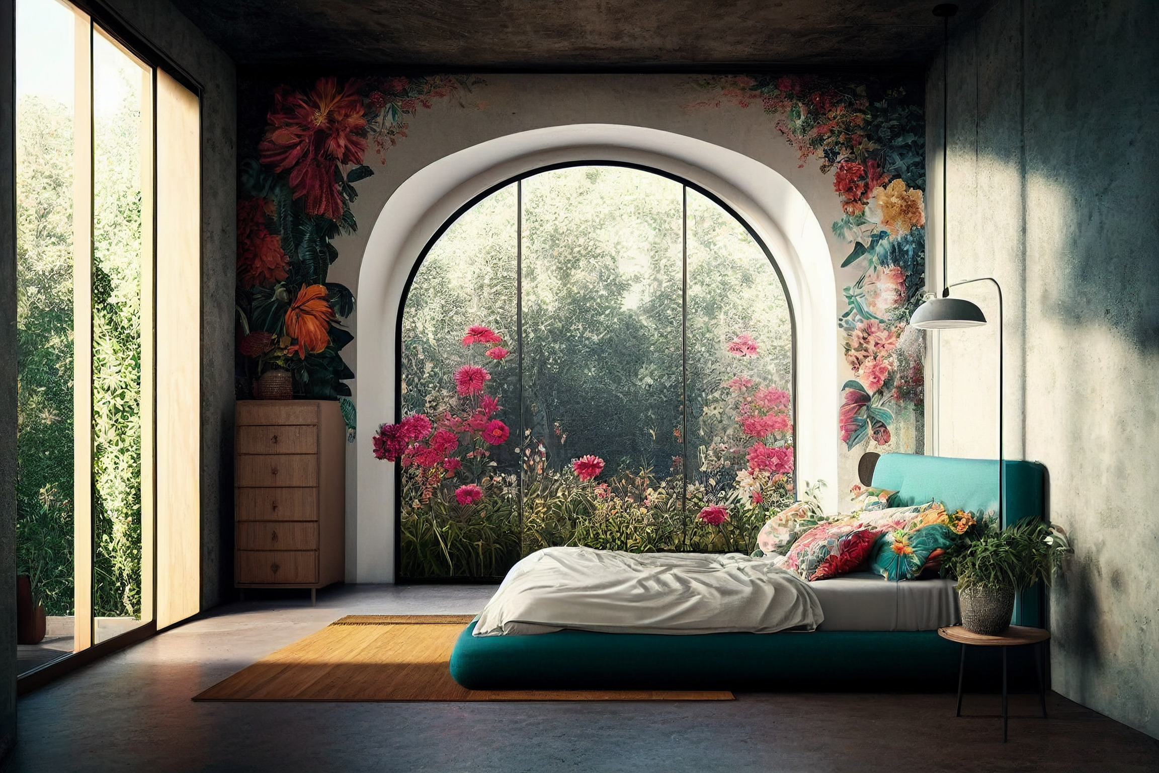 A cosy bedroom with a teal bed, floral bedding, and a large arched window overlooking a lush garden with blooming flowers, surrounded by floral wall art and natural sunlight streaming in.