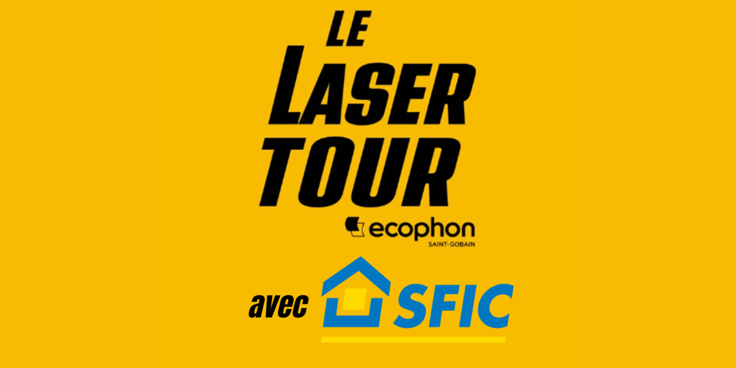 Logo noir indiquant "le laser tour ecophon" sur fond jaune