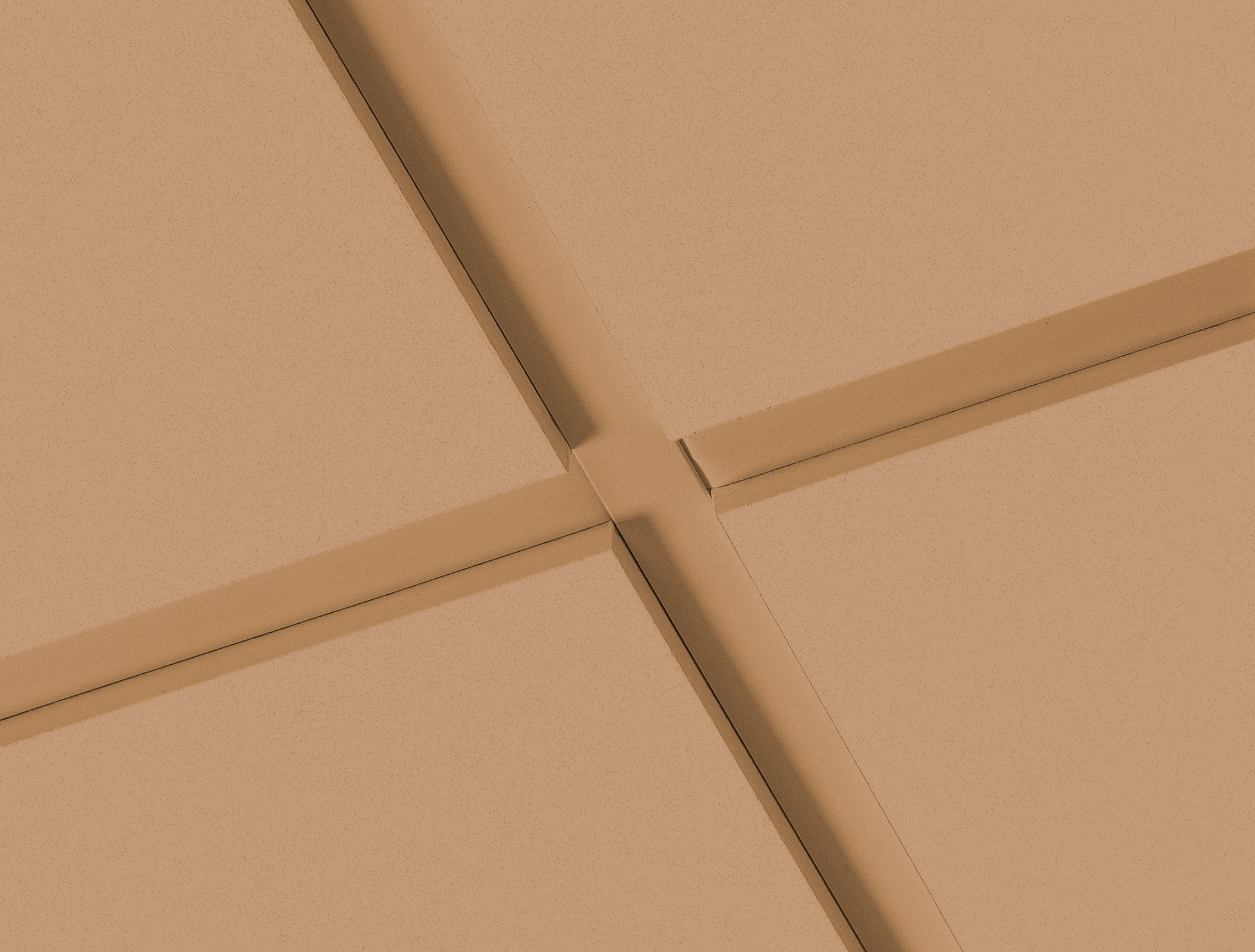 Close-up of a suspended ceiling showing intersecting grid profiles and acoustic ceiling tiles in a warm sand tone.