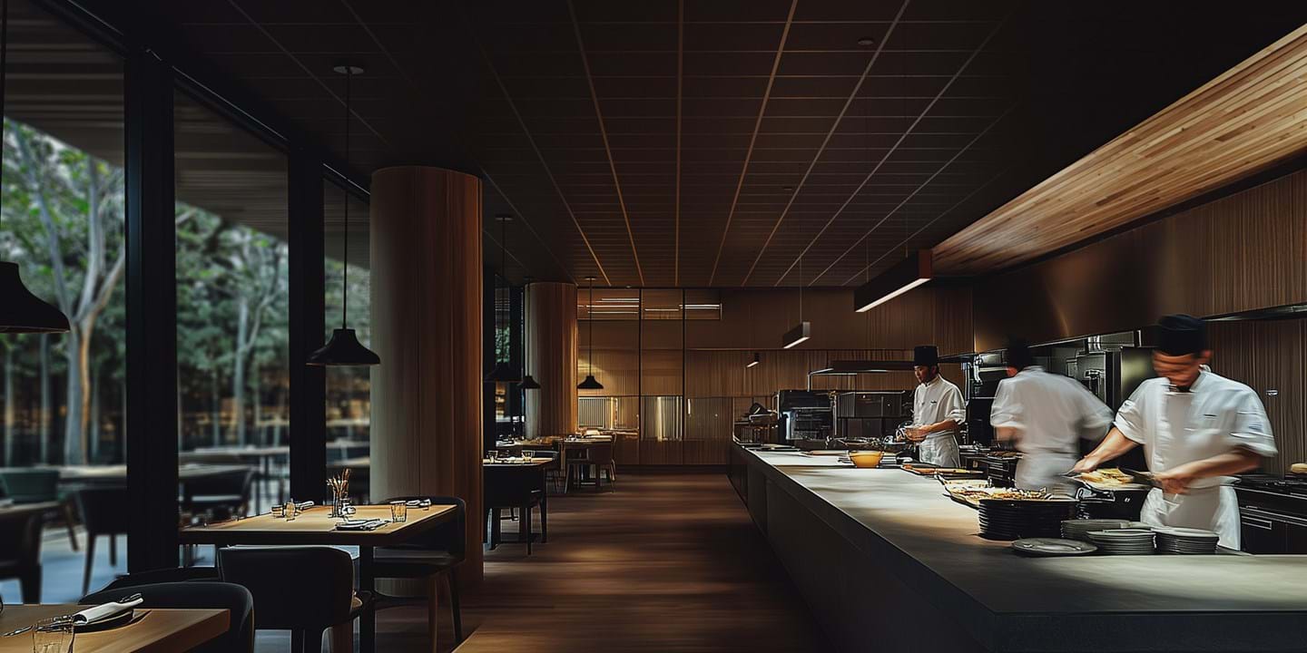 Ein Restaurant mit einer offenen Küche, in der drei Köche an der Zubereitung der Speisen arbeiten. Das Restaurant ist schummrig beleuchtet, und der dunkelbraune Holzboden und die Wände sowie die schwarze Akustikdecke tragen zum Ambiente bei. Links stehen gedeckte Tische in einer Reihe entlang der bodentiefen Fenster mit Blick auf eine Außenterrasse und Bäume im Hintergrund.