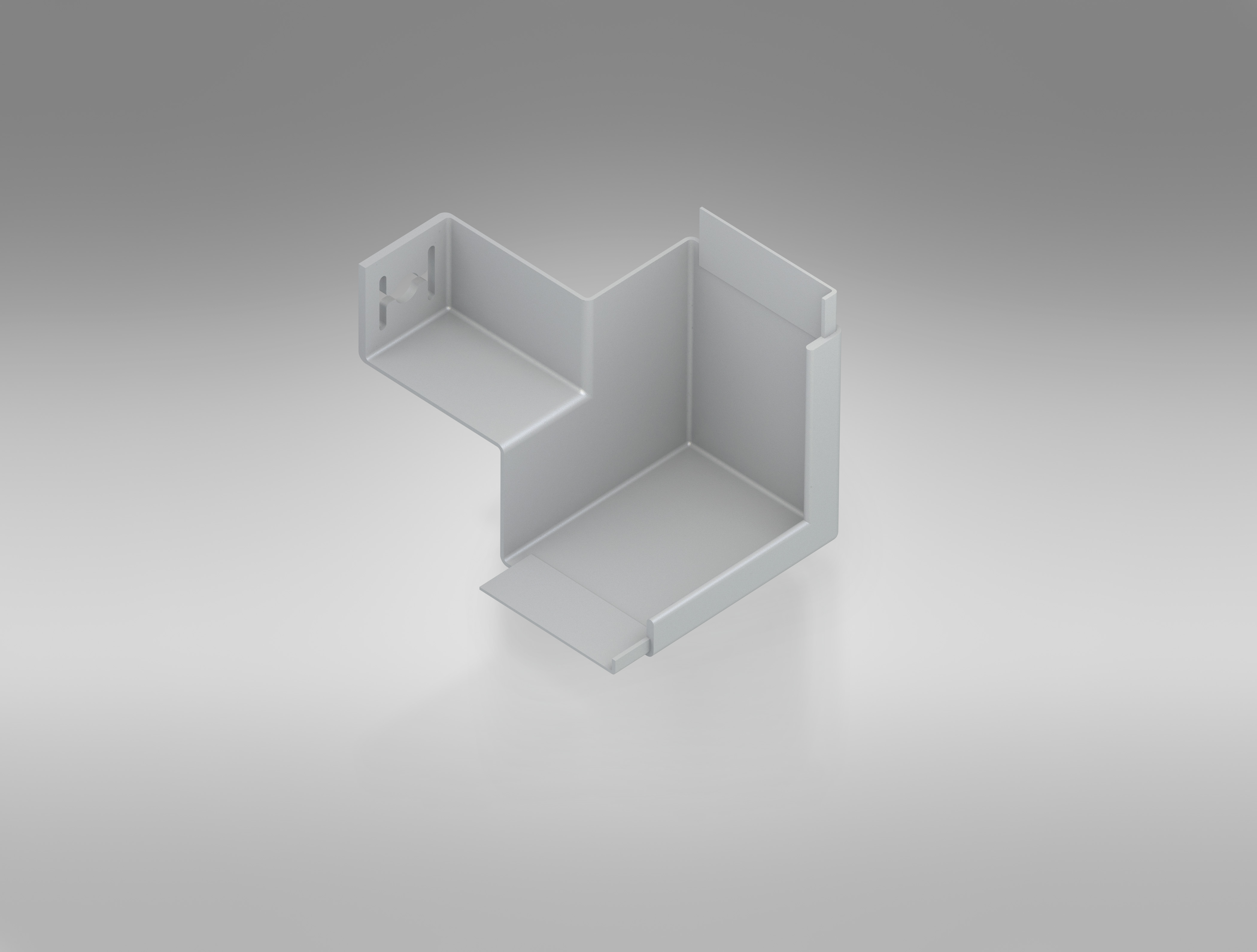 Un’immagine renderizzata in 3D di un elemento angolare in plastica bianca a forma di L, con superfici piane e una parete verticale, su uno sfondo grigio neutro.