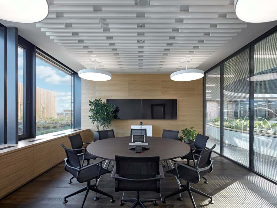 Acoustic baffles in meeting room