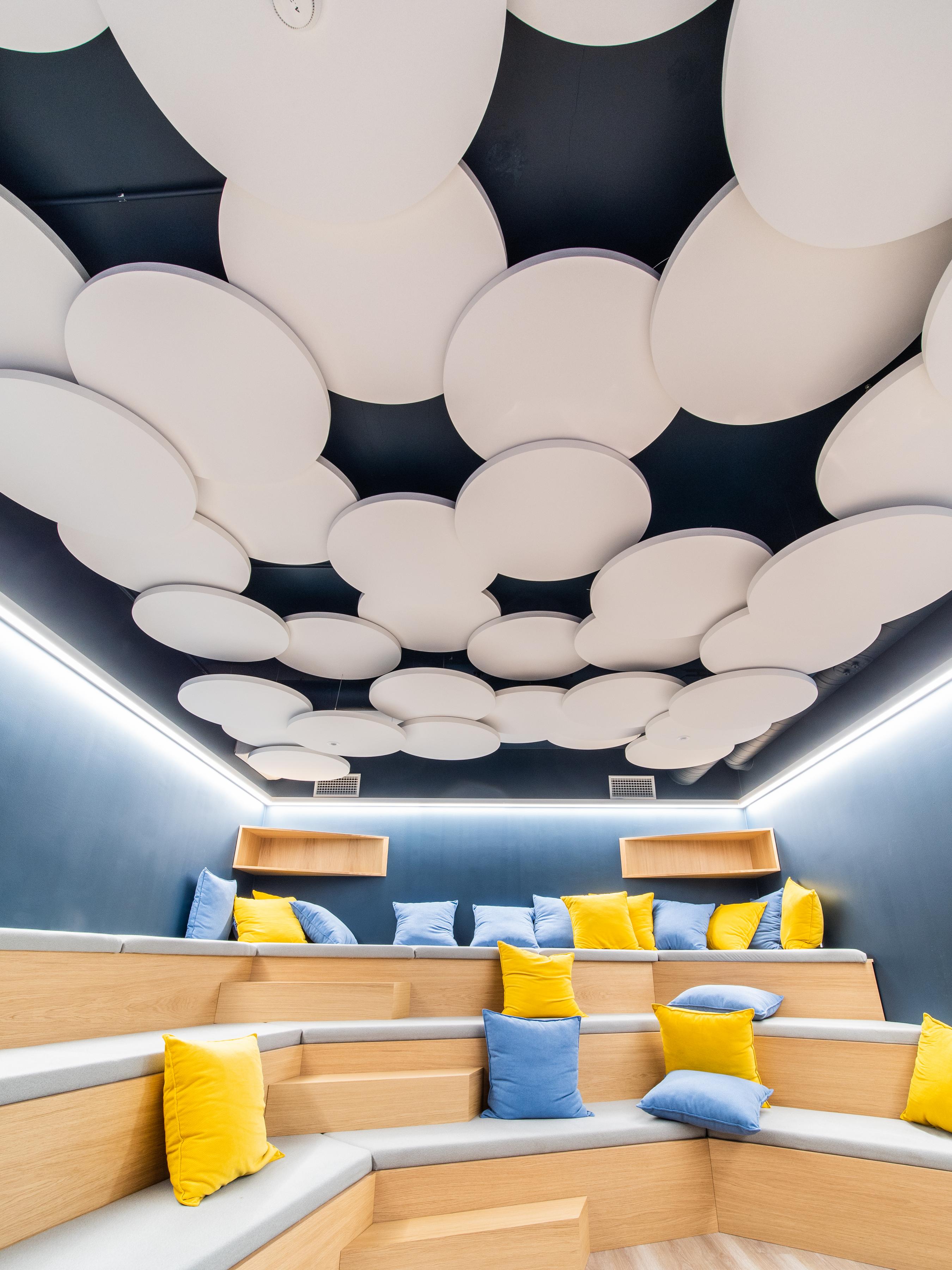 Several free-hanging acoustic panels grouped together in office socialising area