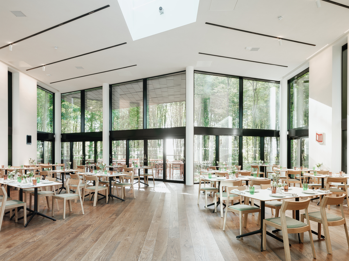 A bright, modern restaurant dining area with large floor-to-ceiling windows, wooden floors, neatly arranged tables and chairs, and views of a green woodland outside.