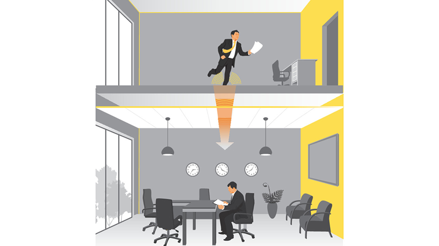Illustration of a man moving quickly from an upper office to a conference room below, symbolising multitasking or transitioning between workspaces. The top room is sparse; the lower room has a table, chairs, and wall clocks.