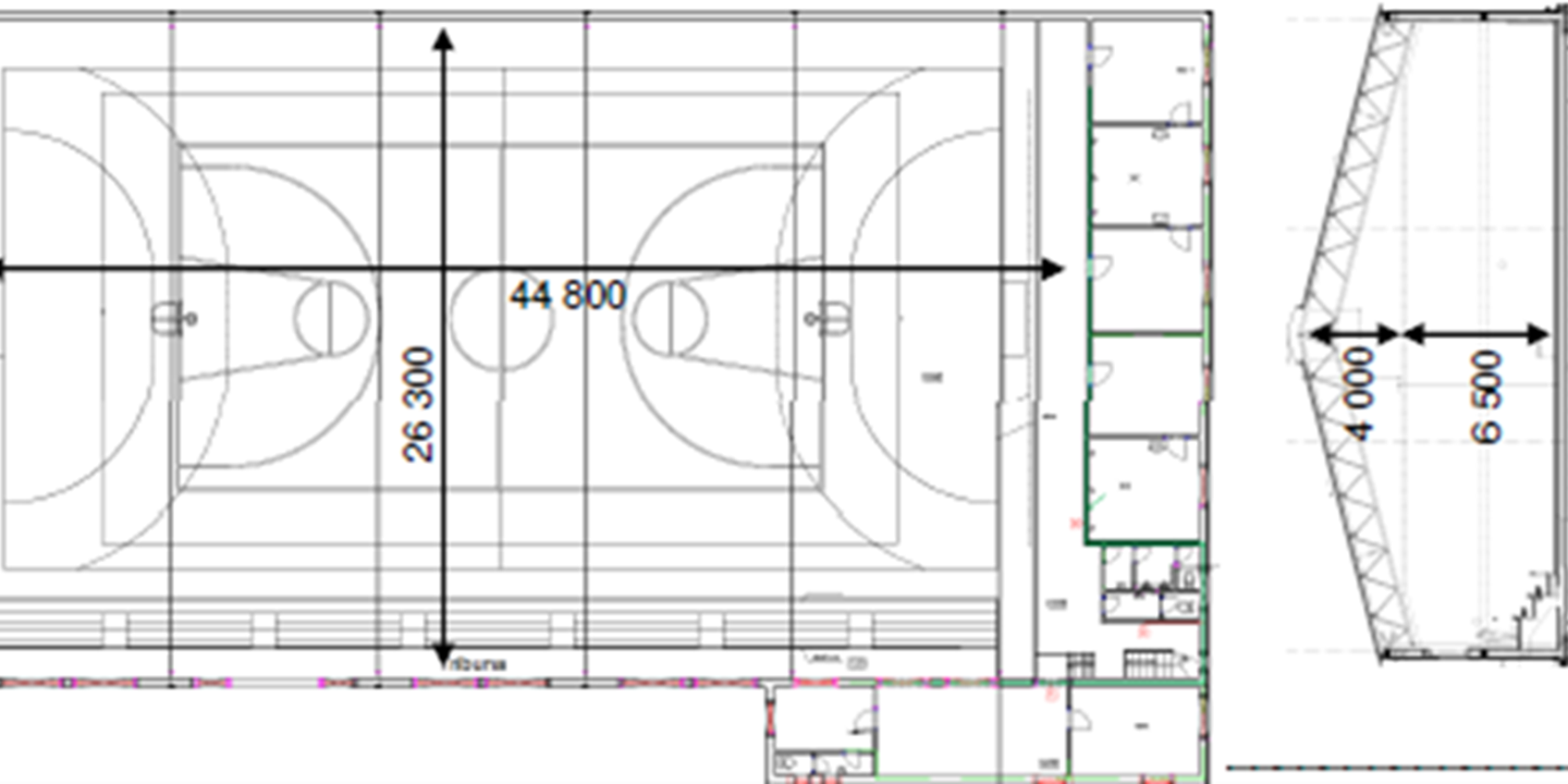 Maße der Sporthalle Velka Bystrice