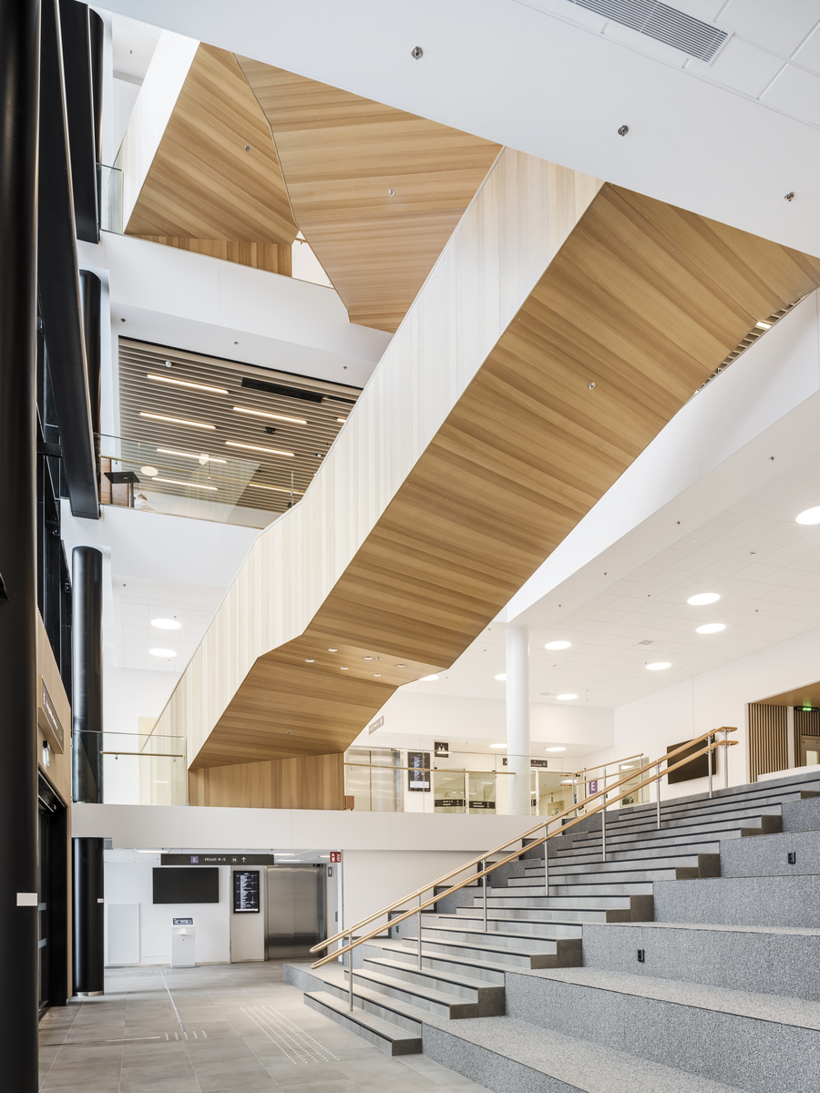 Spacious modern interior with high ceilings, wide wooden staircase, glass balustrades, and large windows. Grey steps and open areas create a bright, airy atmosphere in a contemporary public building.