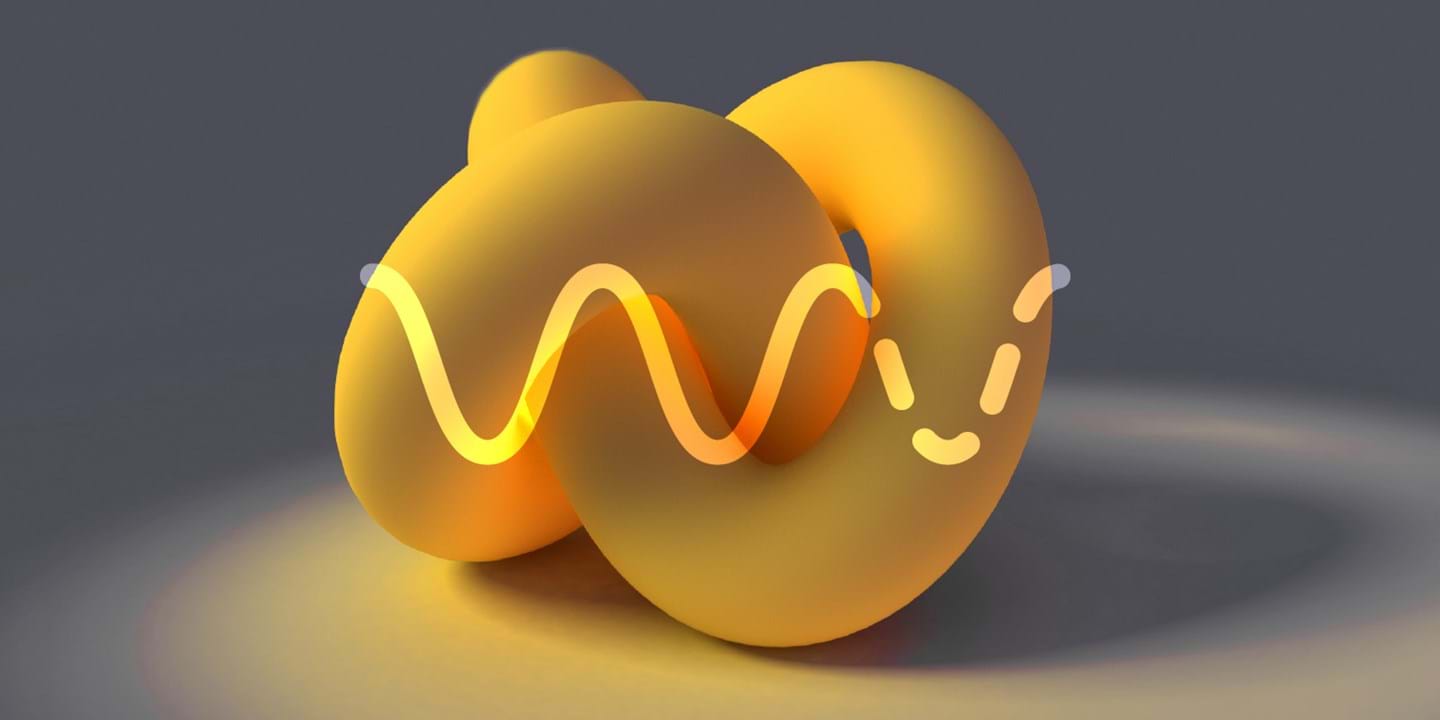 A yellow, abstract 3D shape with wavy patterns and a smiling face rendered on its surface. It is illuminated, casting a soft glow and shadow on the grey background.