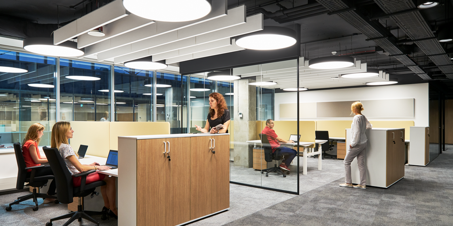 Open-plan office with free-hanging ceiling panels