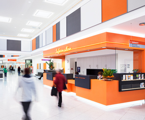 Hospital entrance with acoustic ceiling