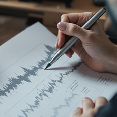A person holds a silver pen over a printed sheet displaying wave-like graphs and data tables. The focus is on their hand and the document, suggesting analysis or note-taking.
