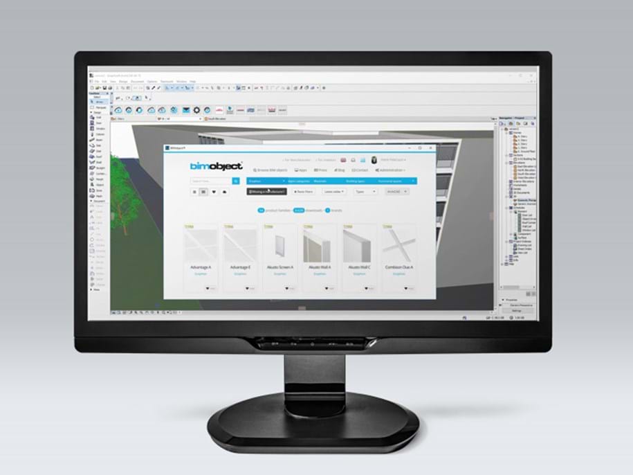 A computer monitor displaying architectural design software with a 3D building model. The screen shows a website for selecting components like doors and windows, with icons and text indicating various design options.
