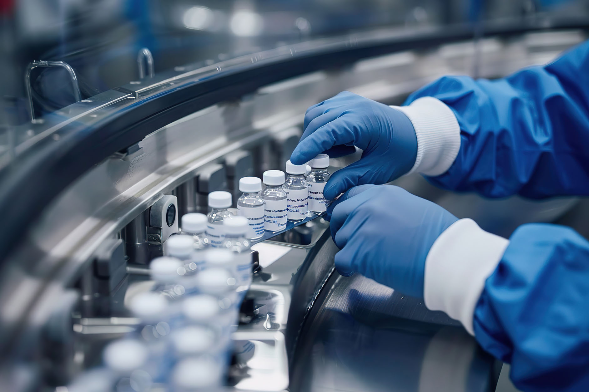 A person wearing blue gloves and a lab coat handles small vials on a production line in a laboratory or pharmaceutical facility.