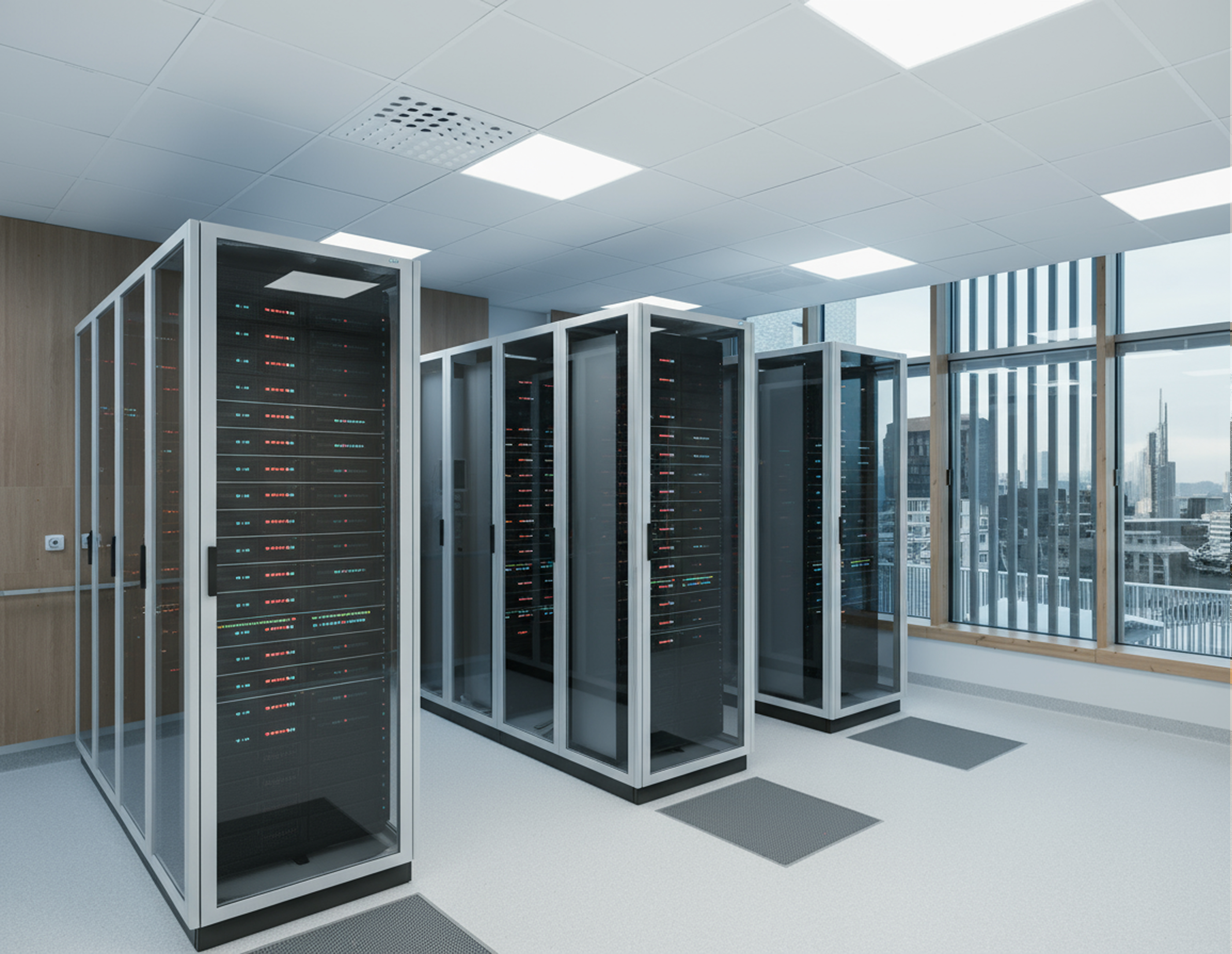A modern, clean server room with several glass-enclosed server racks, LED indicator lights, white floors, and large windows showing city buildings outside.