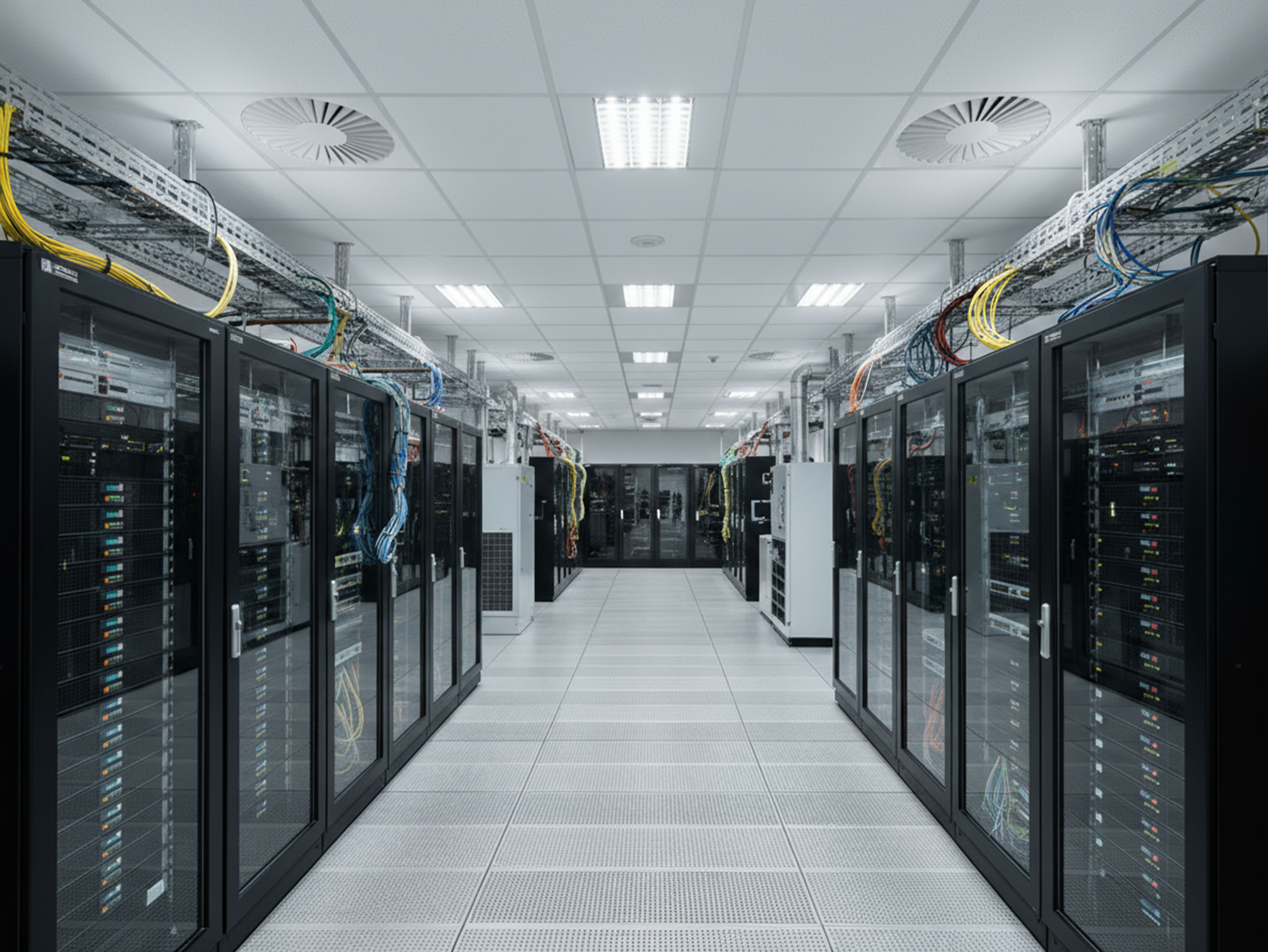 A modern data centre with rows of server racks, visible network cables, and bright overhead lighting. The clean, organised space features a white floor with a grid pattern and black server cabinets on both sides.