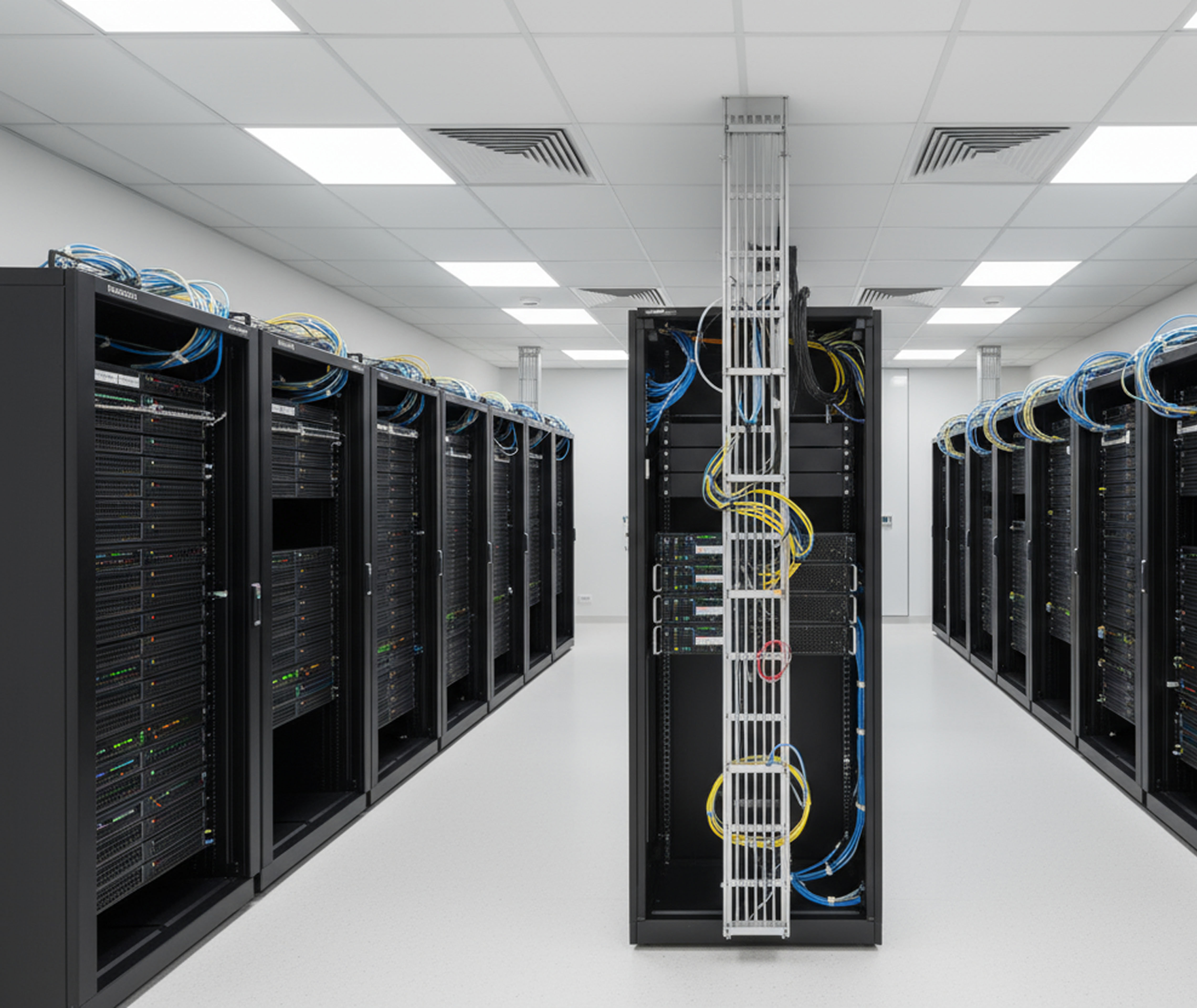 A modern data centre with rows of black server racks on both sides of a clean, bright white room, featuring organised network cables and ceiling-mounted ventilation panels.