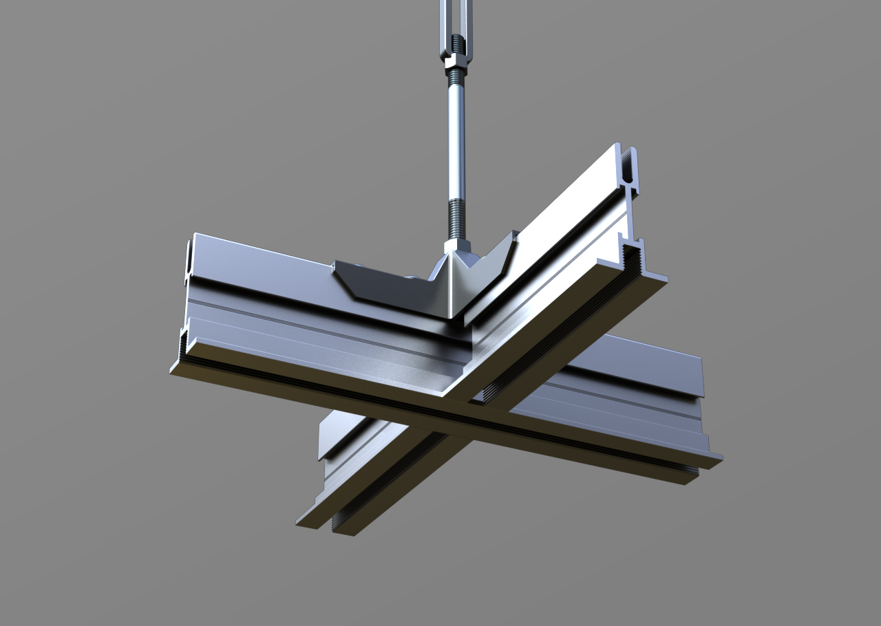 A metallic suspended ceiling grid connector with two intersecting T-bar rails, seen from below, attached to a hanging rod against a plain grey background.