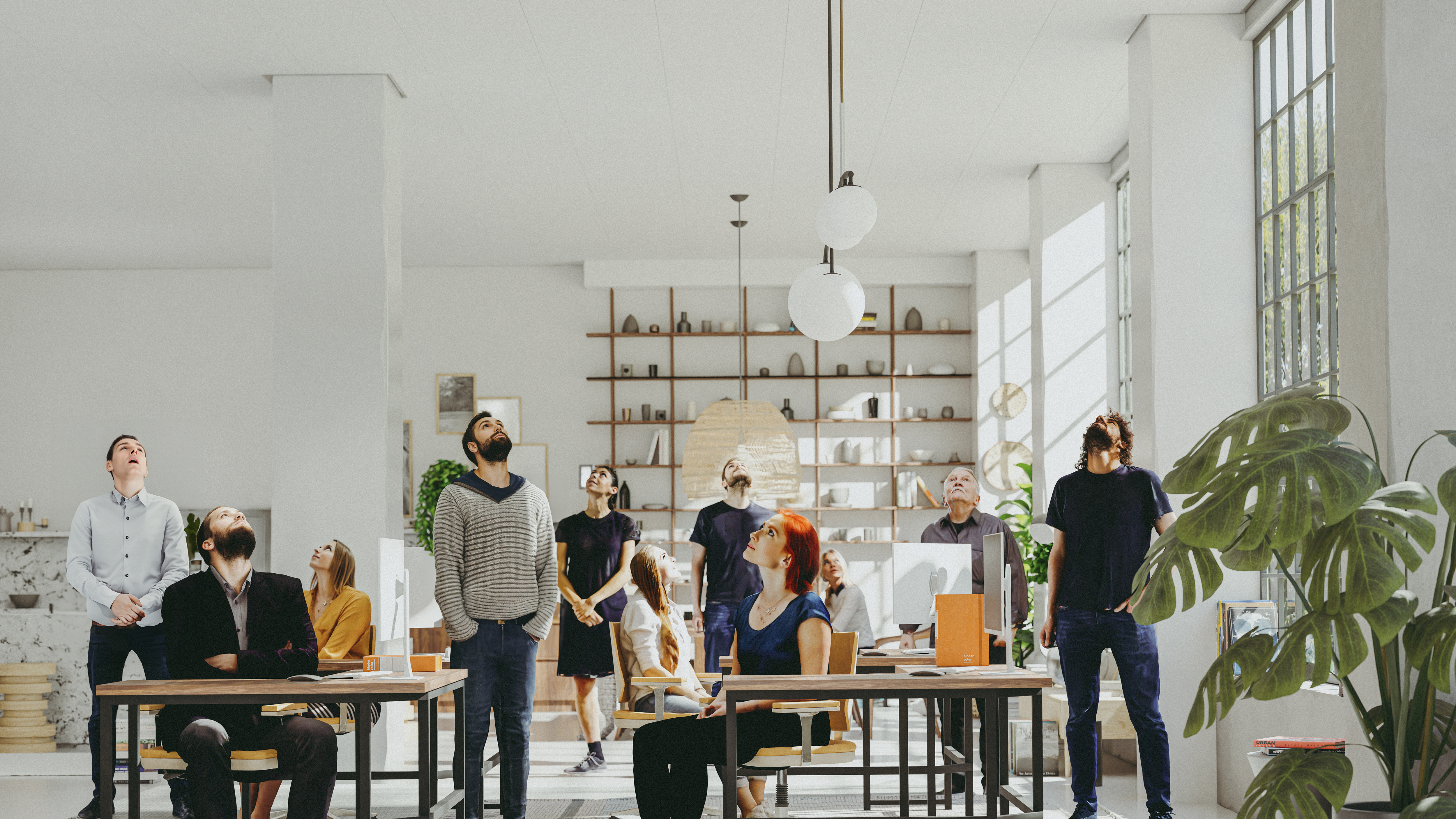 Suspended acoustic ceiling in spacious and modern open-plan office with big windows, plants, wooden furniture and people looking up to the ceiling