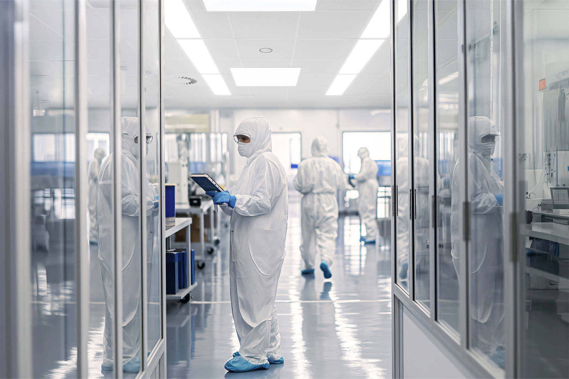 Scienziati che indossano tute protettive e maschere integrali lavorano in un laboratorio pulito e moderno. Uno tiene in mano un tablet, mentre gli altri si muovono o lavorano sullo sfondo. Lo spazio è luminoso, sterile e riflettente.
