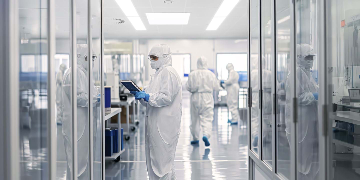 Forskere iført heldragter og masker arbejder i et rent, moderne laboratorium. Én holder en tablet, mens andre bevæger sig eller arbejder i baggrunden. Rummet er lyst, sterilt og reflekterende.