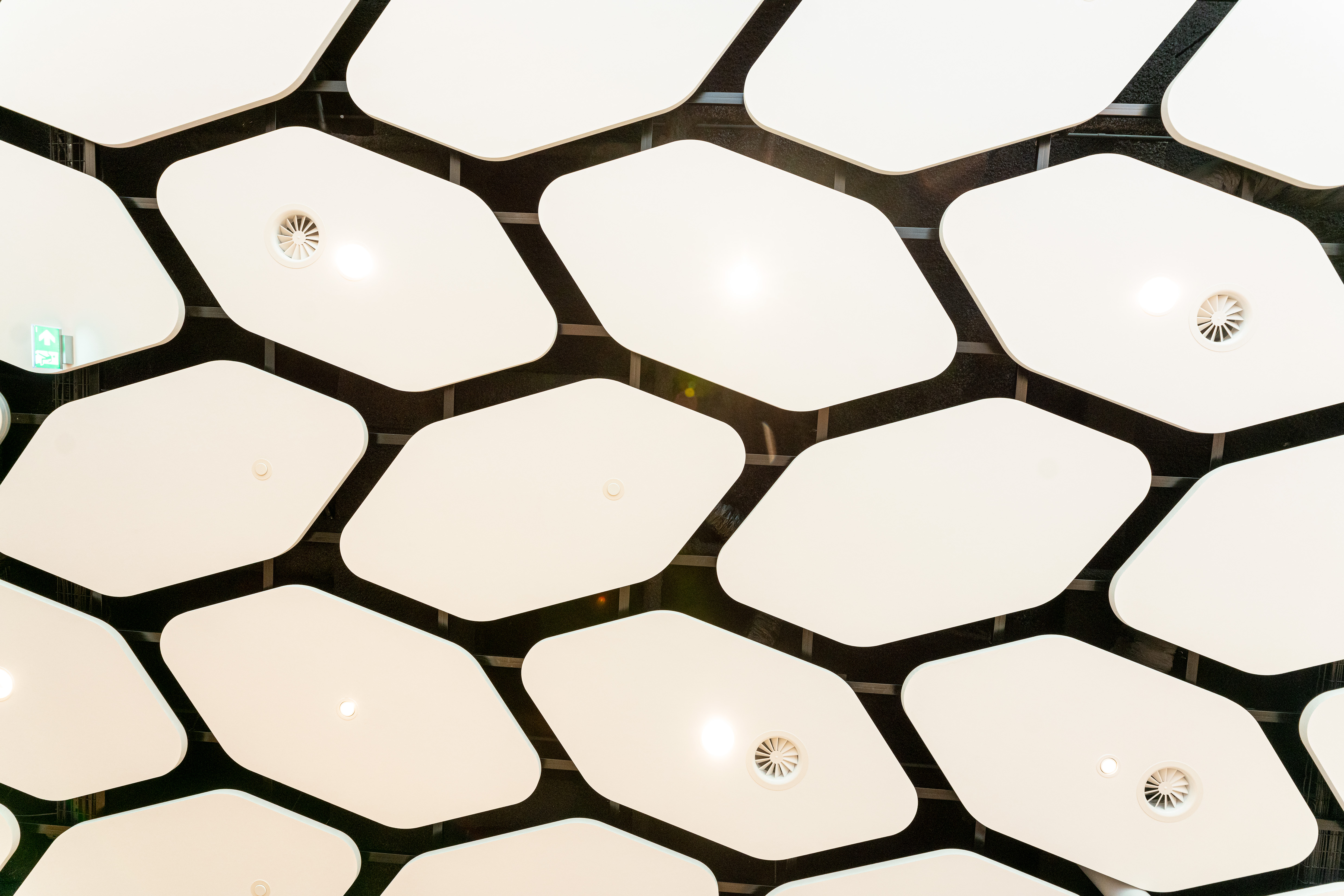 Close-up of free-hanging acoustic panels