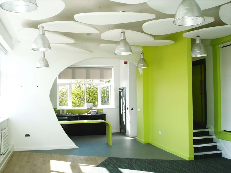 Free-hanging acoustic panels in  office