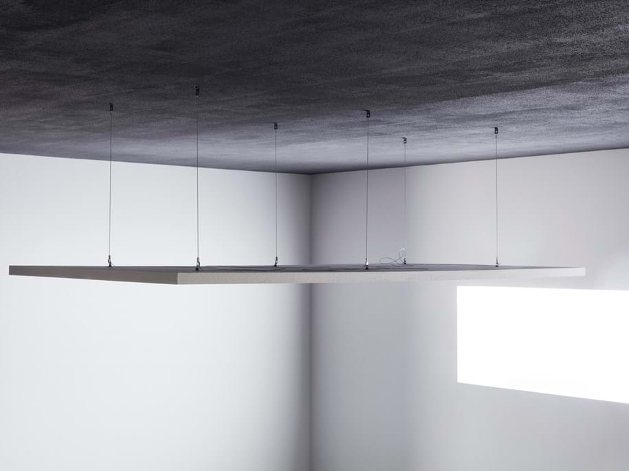 Free-hanging acoustic panel installed with height adjustable wires