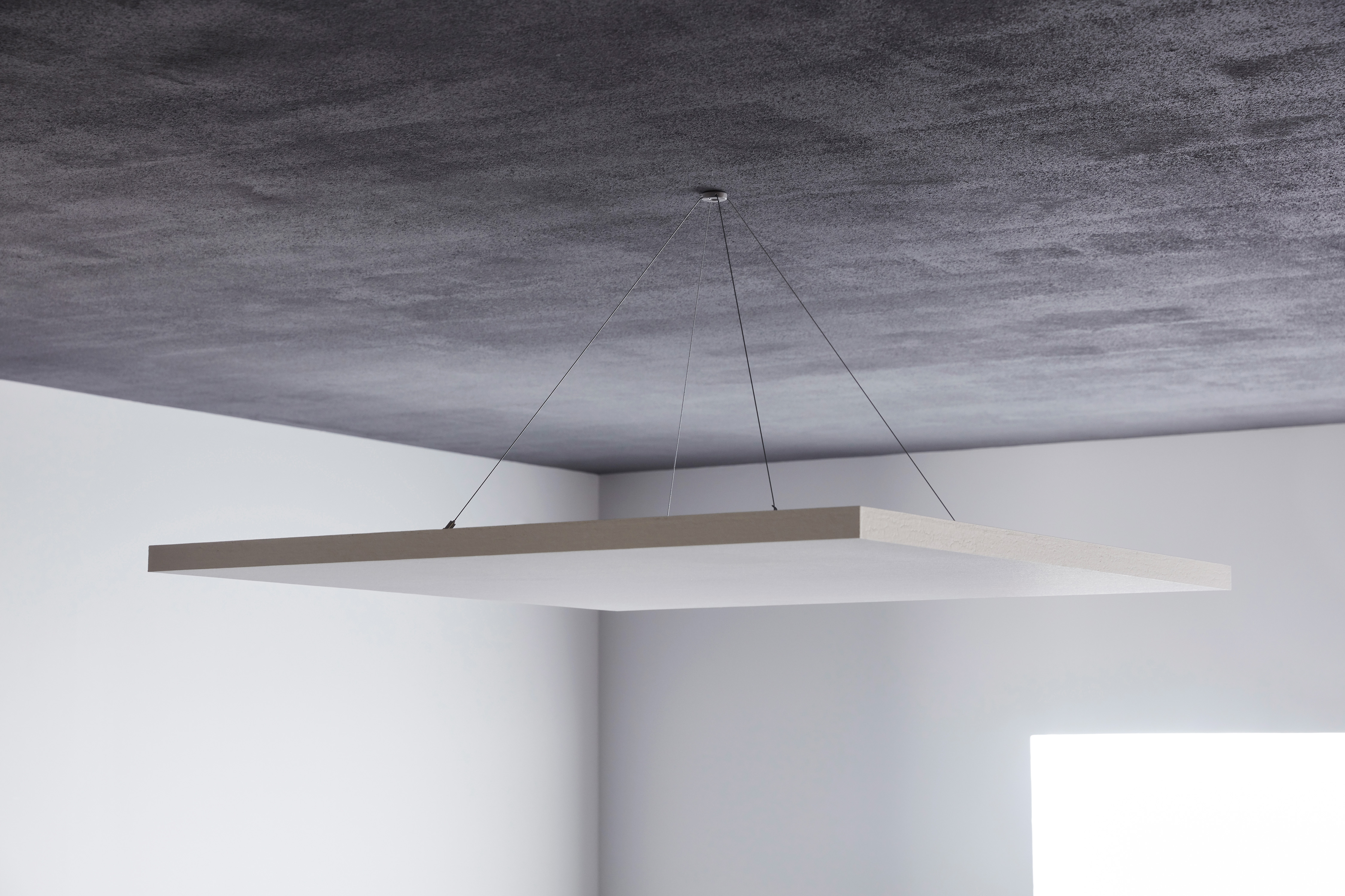 Free-hanging acoustic panel installed with a one point fixing method