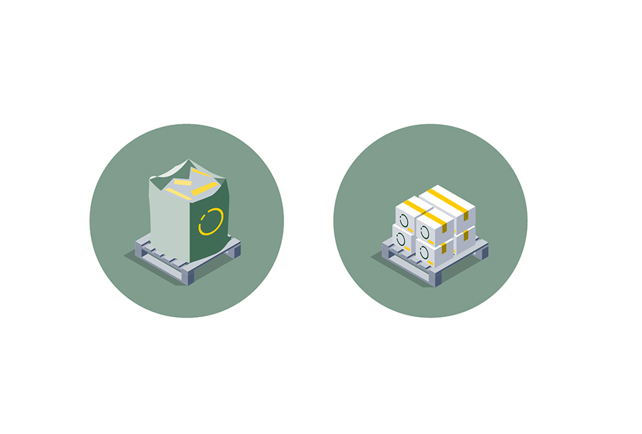 Two green circles next to each other containing illustrations. One with a big bag filled with used acoustic panels on a pallet and one with boxes on a pallet.