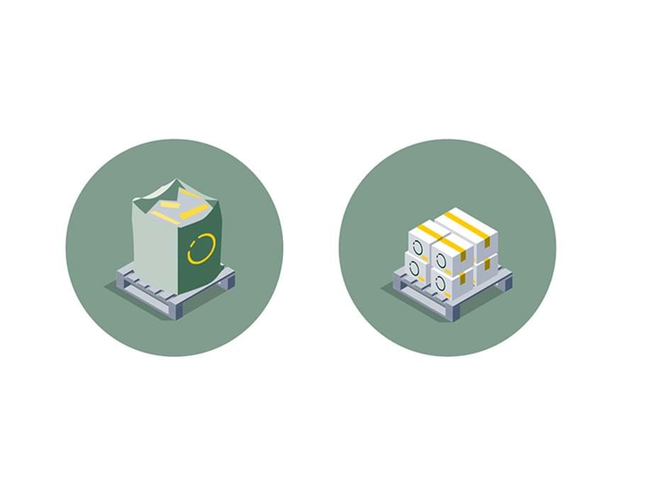 Dos círculos verdes uno al lado del otro que contienen ilustraciones. Uno con una gran bolsa llena de paneles acústicos usados sobre un palé y otro con cajas sobre un palé.