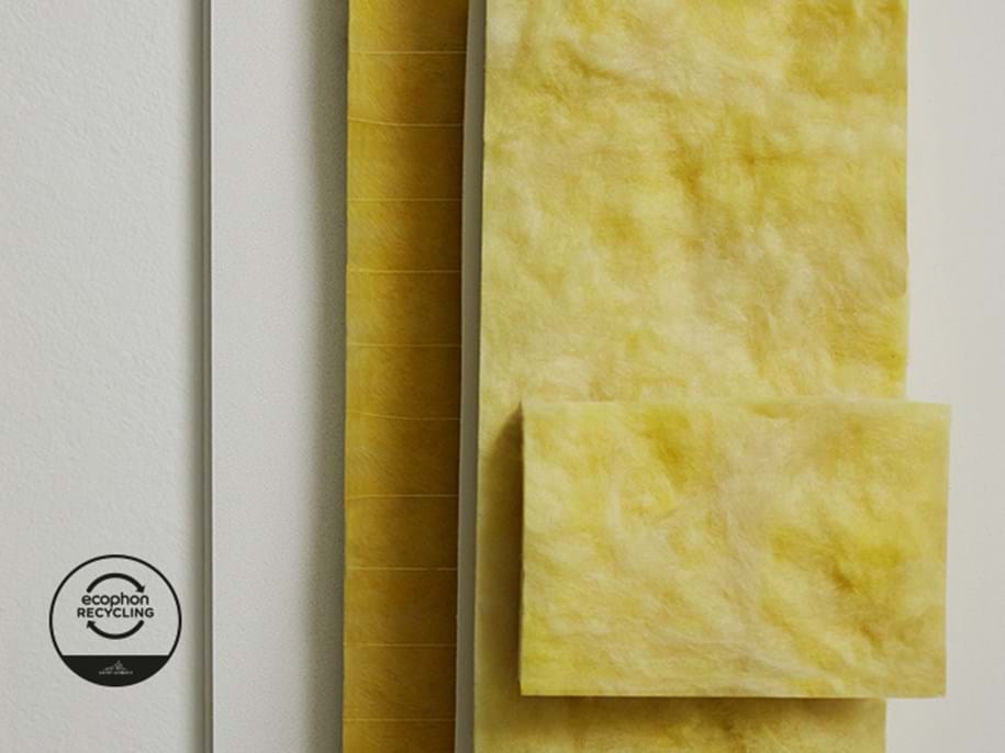 Close-up of glasswool and acoustic panels and a recycling logotype in the bottom left hand corner